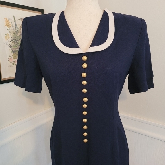 VINTAGE 80s Navy Button Down Collar  Secretary Nautical Dress Size 8 - Picture 3 of 11
